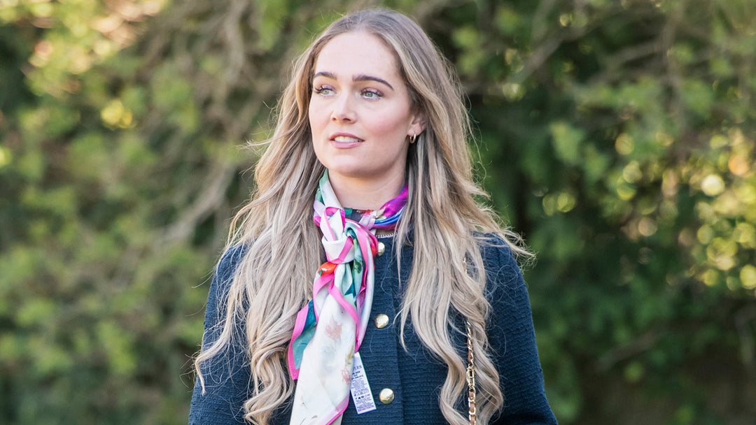 Woman wearing Joules silk scarf