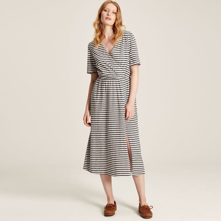 The Joules Ladies Marianne Jersey Wrap Dress in Grey Stripe#Grey Stripe