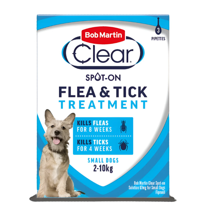 Packaging of Bob Martin Clear Spot-On Flea & Tick Treatment for small dogs, featuring a picture of a dog and product details.