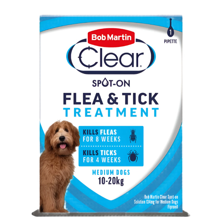 Packaging of Bob Martin Clear Spot-On Flea & Tick Treatment for Medium Dogs, featuring a picture of a dog and product details.