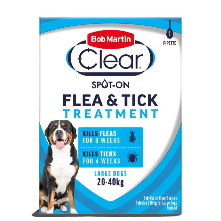 Packaging of Bob Martin Clear Spot-On Flea & Tick Treatment for large dogs, featuring product information and a picture of a dog.