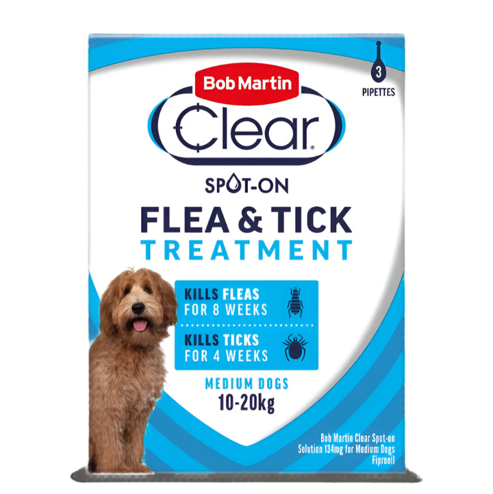 Packaging of Bob Martin Clear Spot-On Flea and Tick Treatment for medium dogs, featuring a picture of a dog and product details.