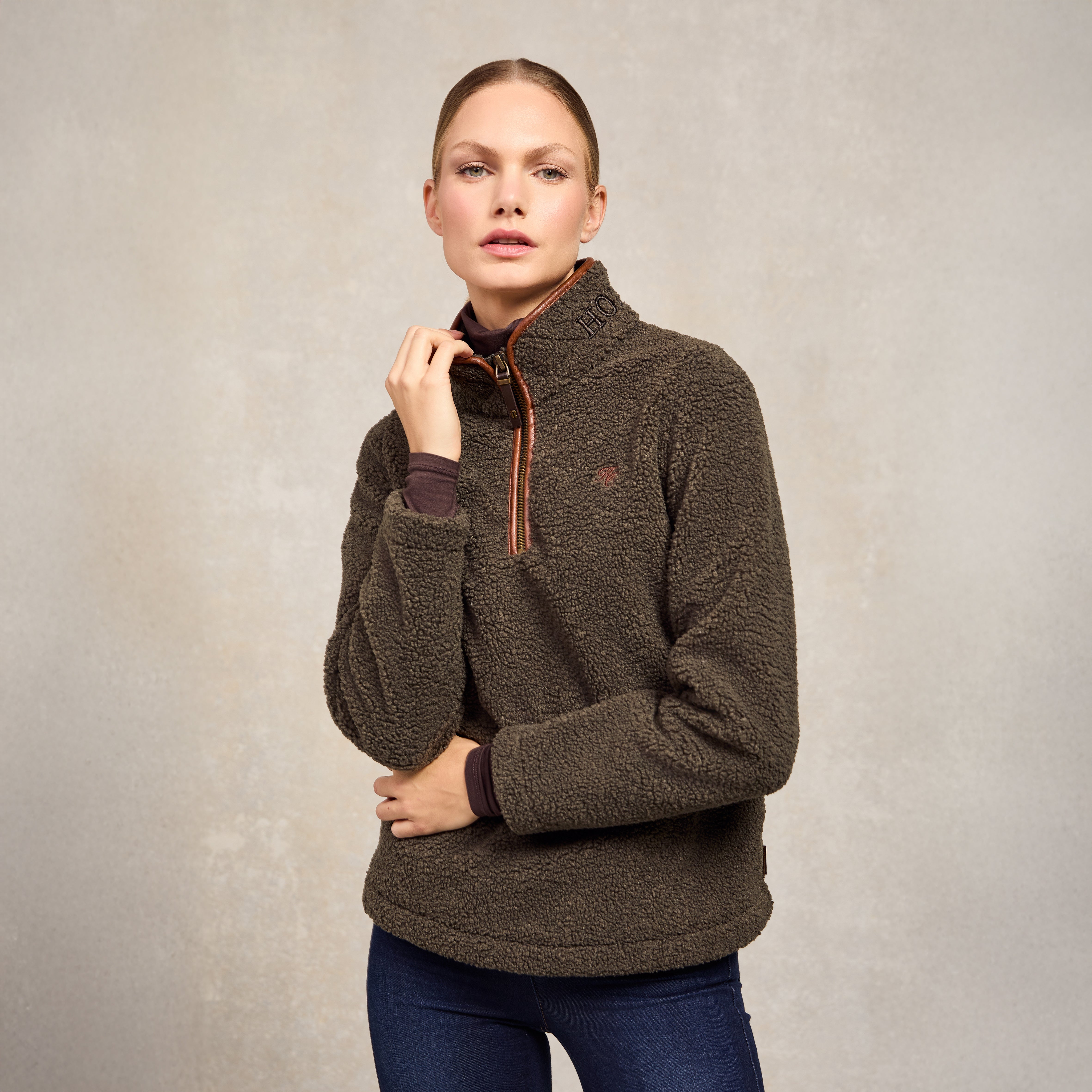 Holland Cooper Ladies Country Borg Fleece Quarter Zip - Khaki Borg