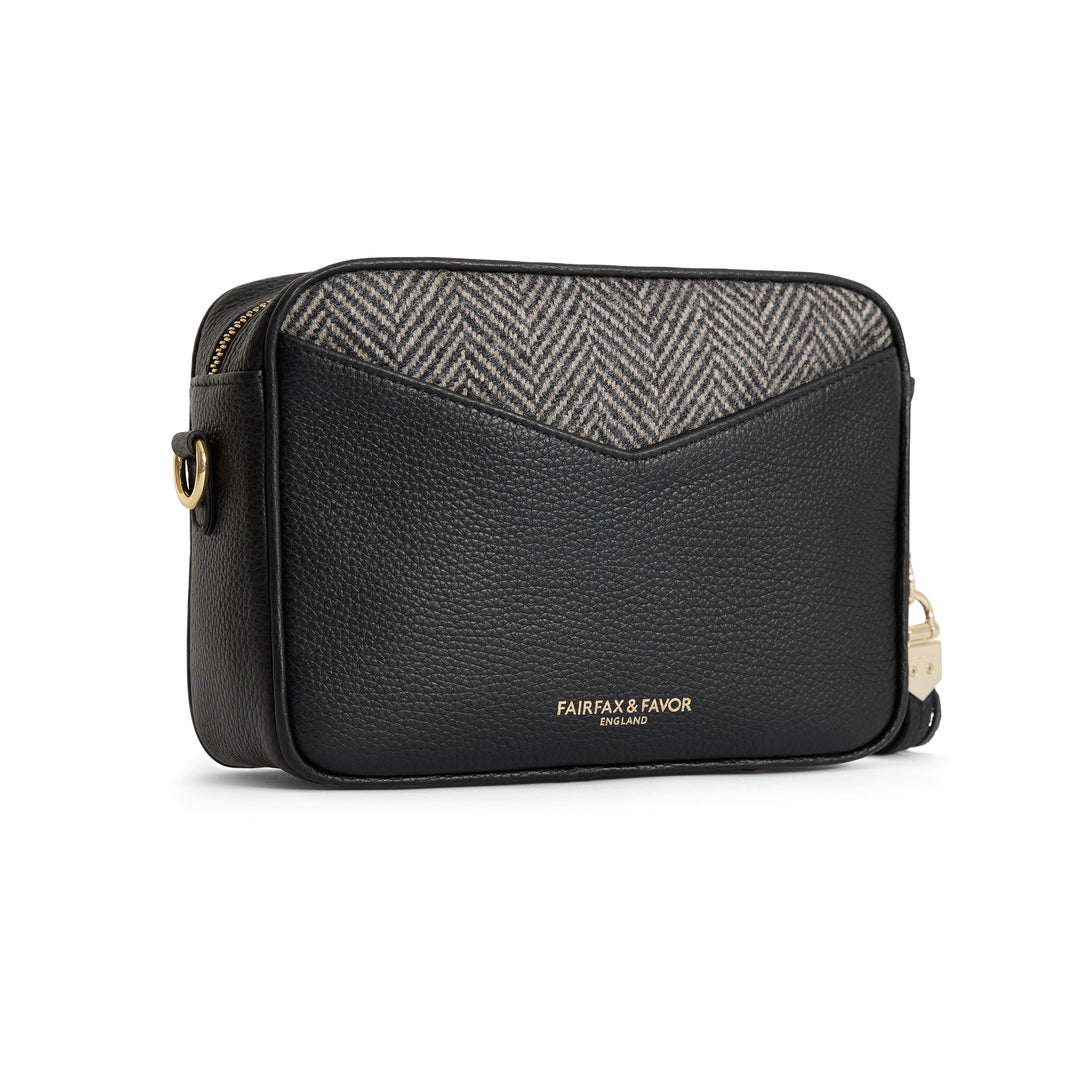 Fairfax & Favor Ladies Herringbone Black Leather Finsbury Cross Body Bag