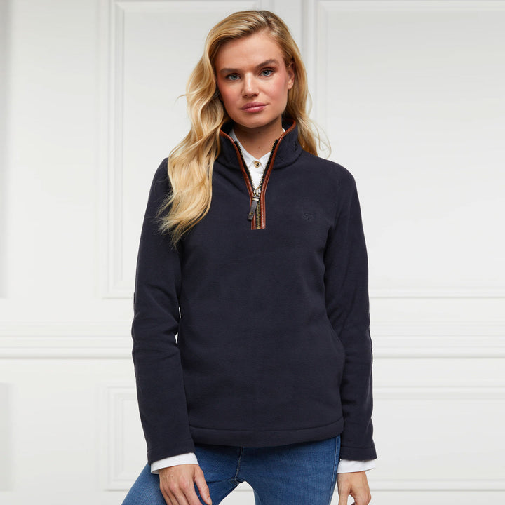 Model wearing the Holland Cooper Ladies Country Fleece Half Zip#Navy
