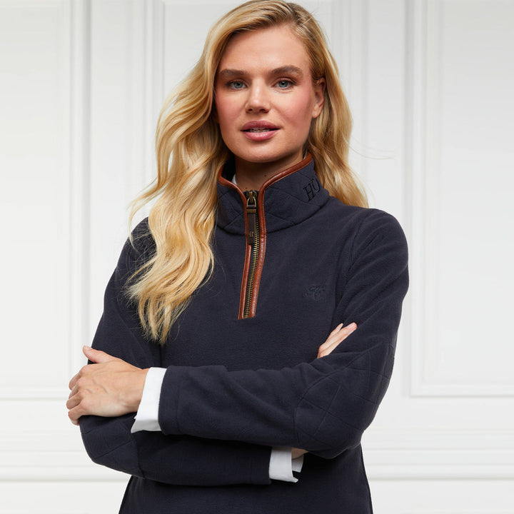 Close up of model wearing the Holland Cooper Ladies Country Fleece Half Zip#Navy