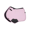 Pink saddle pad with black accents on a white background