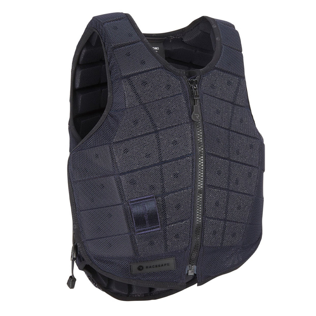 Navy blue equestrian body protector with zipper front and segmented padding.