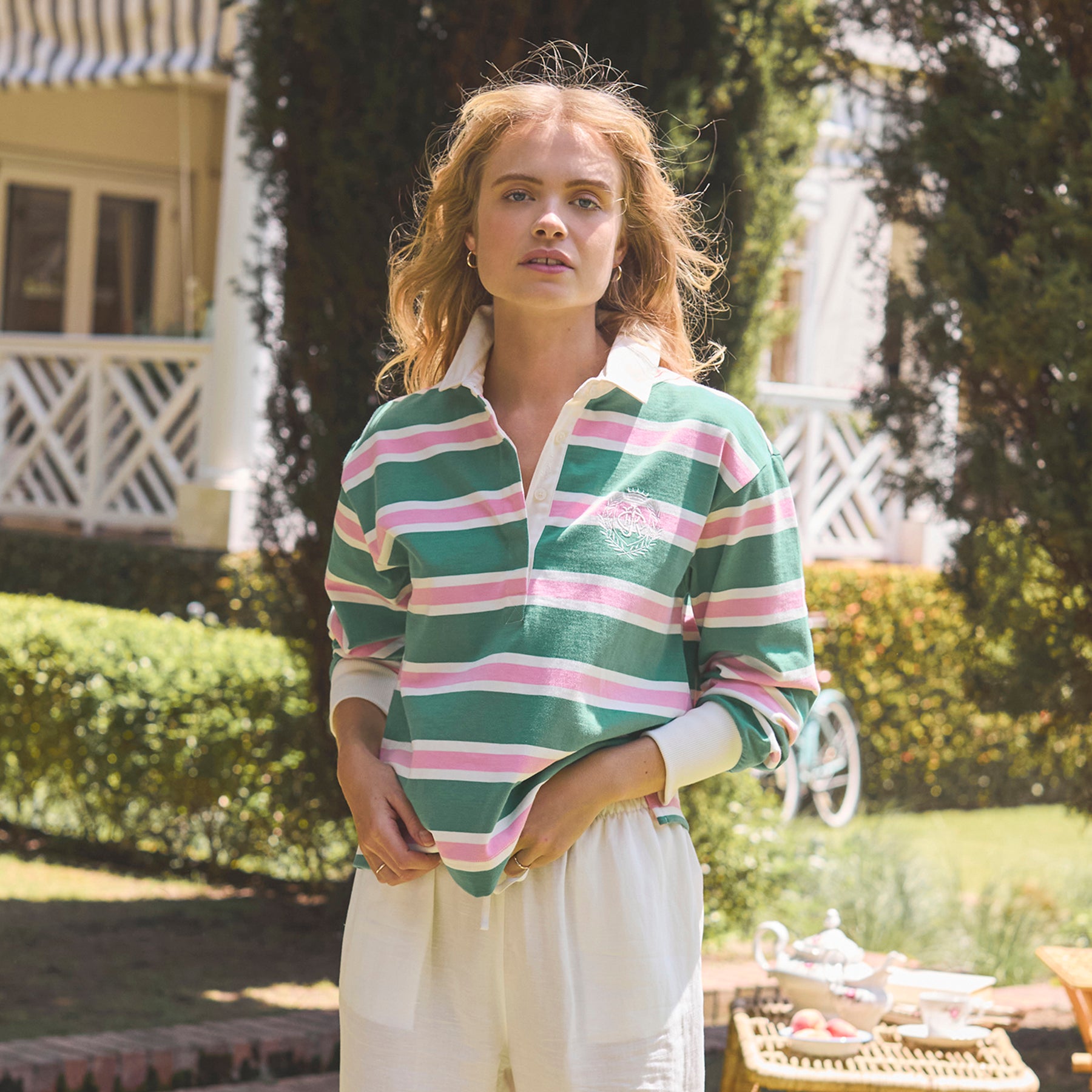 Woman wearing Joules Lara Stripe Top