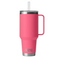 Pink YETI mug with handle and straw on a white background