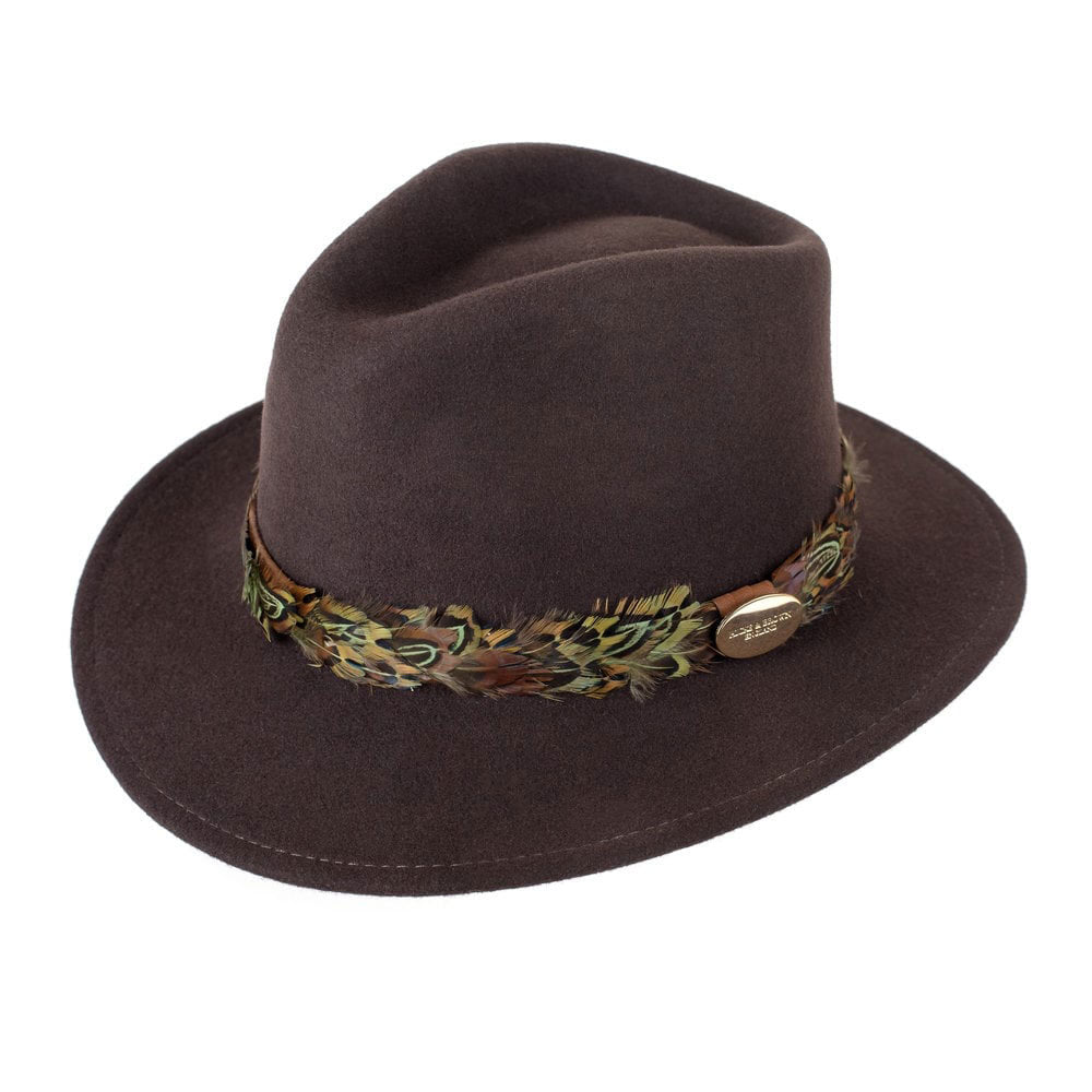 The Hicks & Brown Suffolk Fedora with Pheasant Wrap Feathers in Dark Brown#Dark Brown