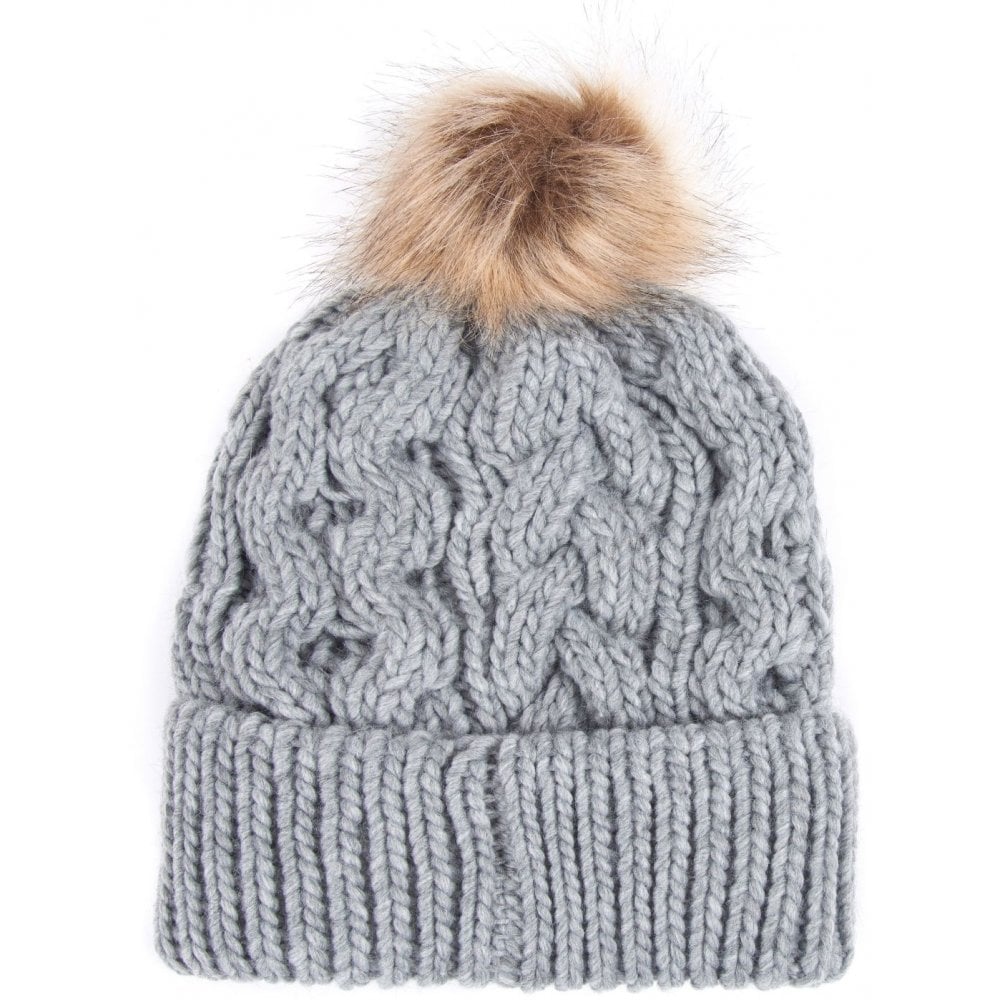 Barbour Ladies Penshaw Cable Knit Beanie with Faux Fur Pom-Pom
