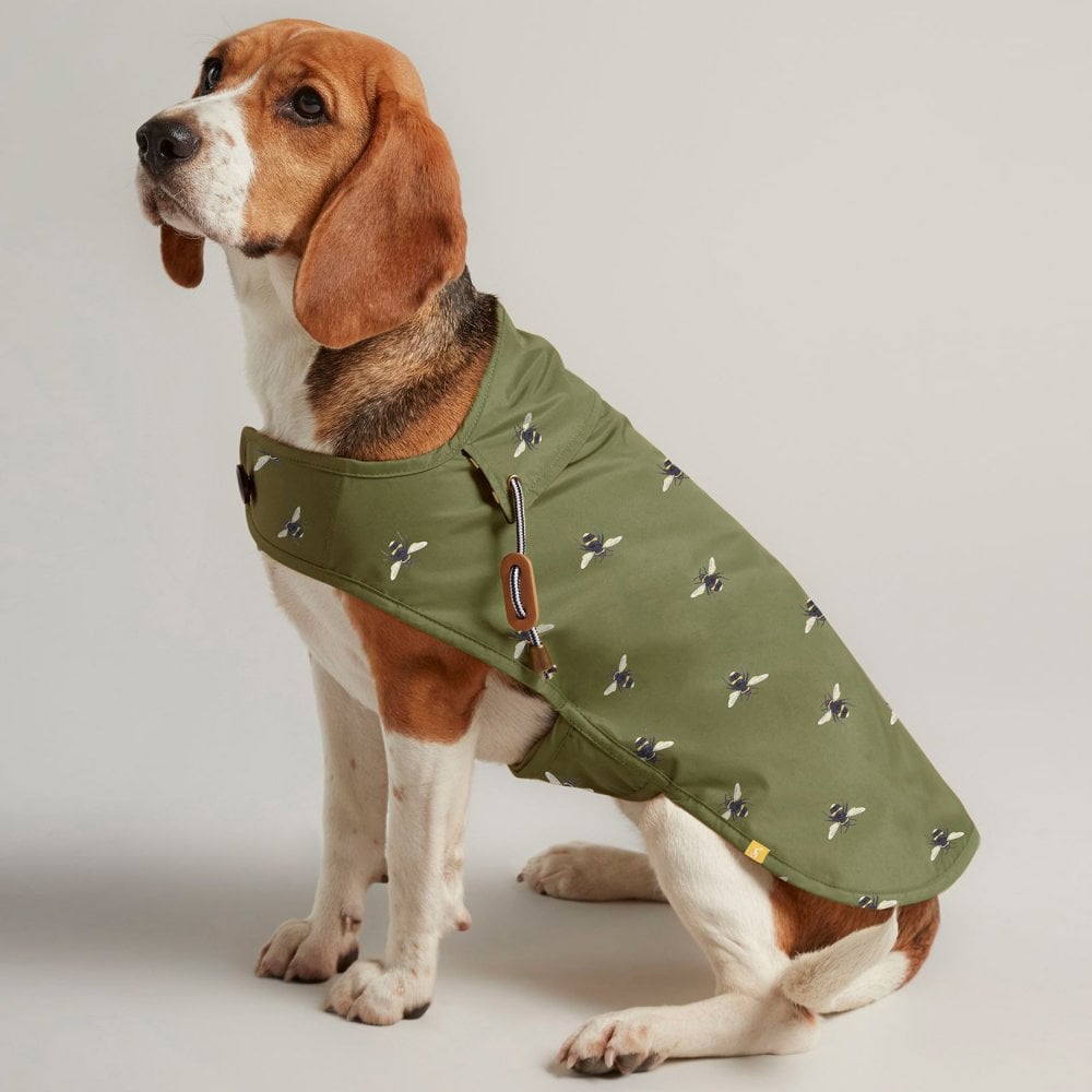 The Joules Water Resistant Bumble Bee Print Dog Coat in Dark Olive#Dark Olive