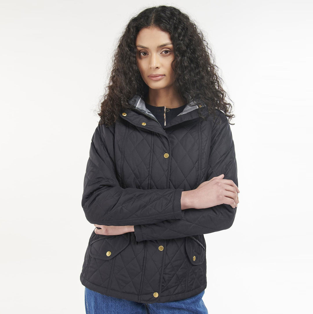 The Barbour Ladies Millfire Quilt Jacket in Navy Print#Navy Print