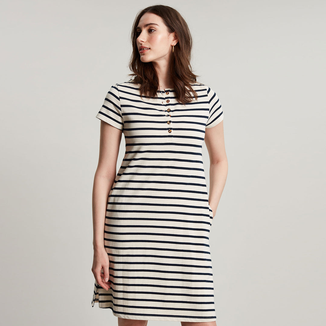 The Joules Ladies Kea Button Down Dress in Navy Stripe#Navy Stripe