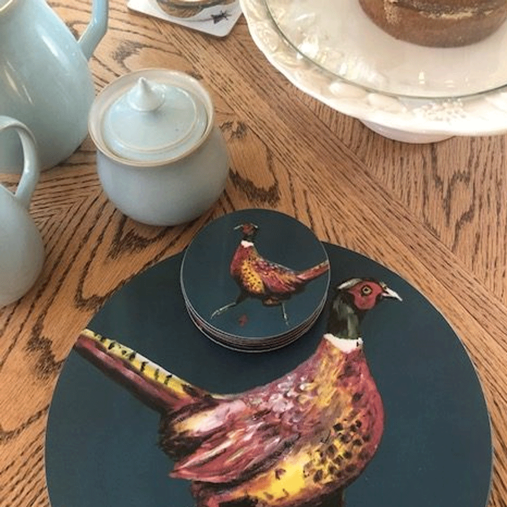 Anna Thompson Petrol Pheasant Set of 4 Coasters