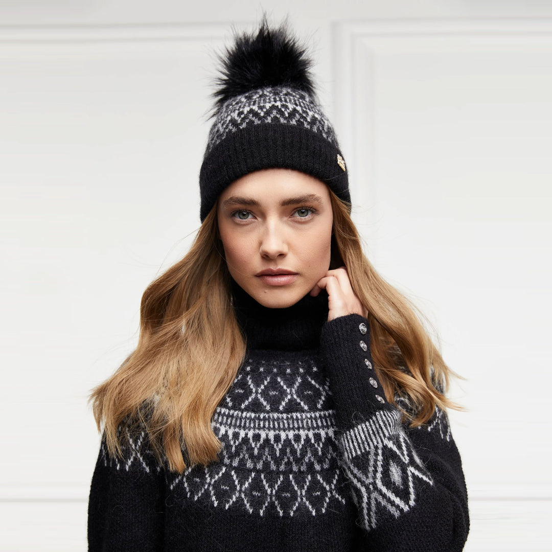 The Holland Cooper Ladies Fairisle Bobble Hat in Black#Black