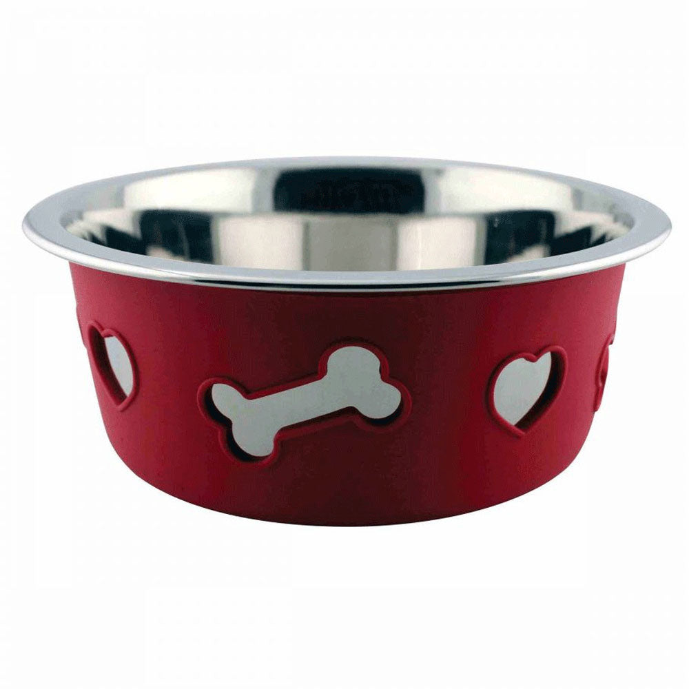 The Weatherbeeta Non-Slip Stainless Steel Silicone Bone Dog Bowl in Raspberry#Raspberry