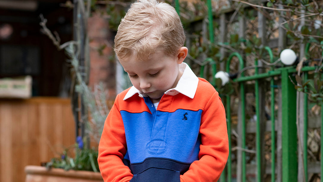 Boy wearing Joules Try Rugby Sweater