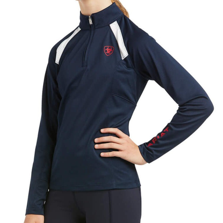 The Ariat Team Youth Sunstopper 2.0 1/4 Zip Baselayer in Navy#Navy