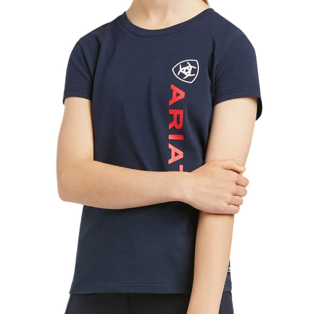 The Ariat Youth Vertical Logo Short Sleeve TShirt in Navy#Navy