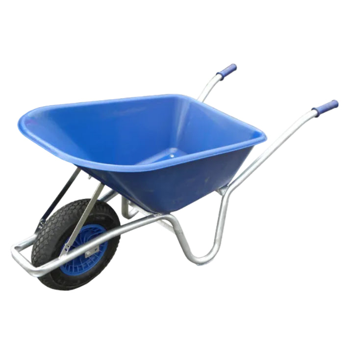 Blue wheelbarrow with a white background