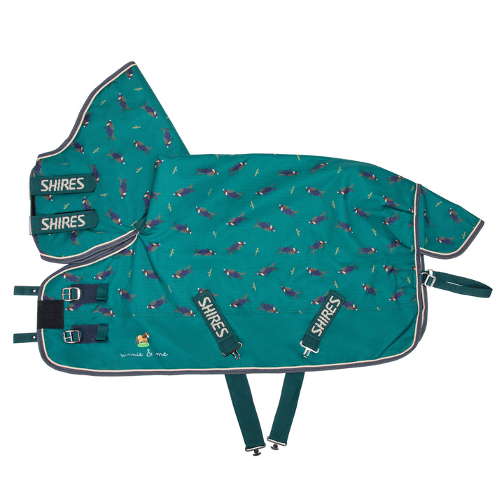 Teal Shires horse blanket with pattern on a white background