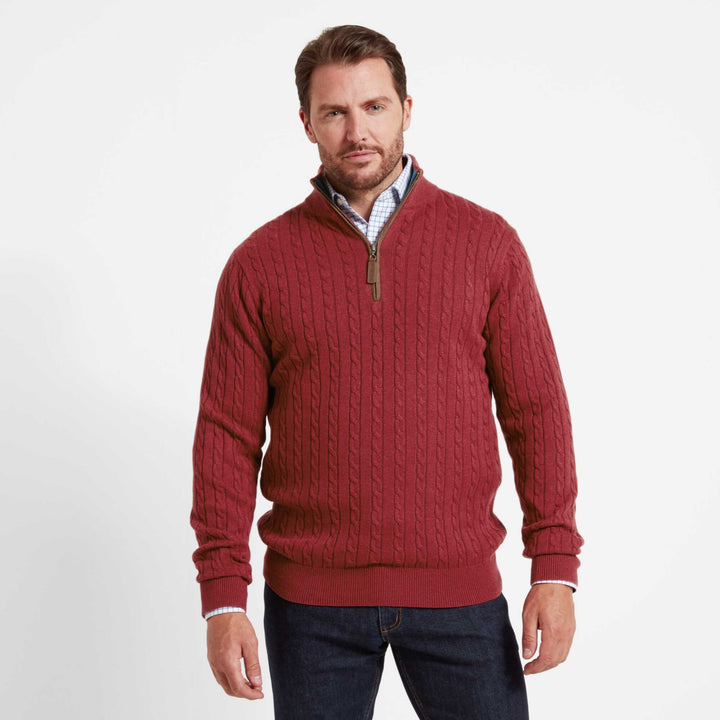 The Schoffel Mens Cotton/Cashmere Cable Knit 1/4 Zip Jumper in Red#Red