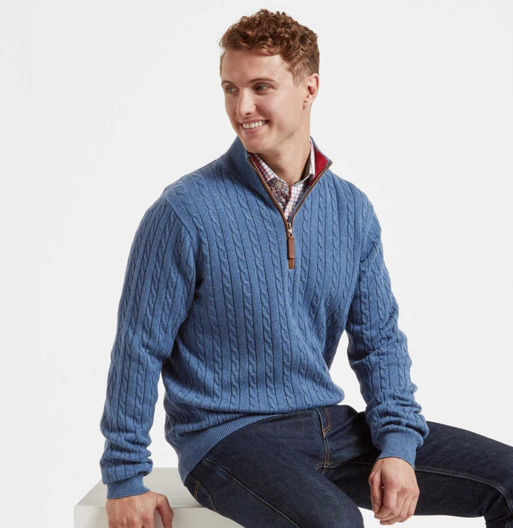 The Schoffel Mens Cotton/Cashmere Cable Knit 1/4 Zip Jumper in Stone Blue#Stone Blue