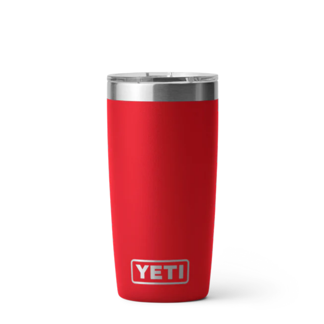 A red Yeti Rambler 10 Oz Tumbler with a silver lid.
