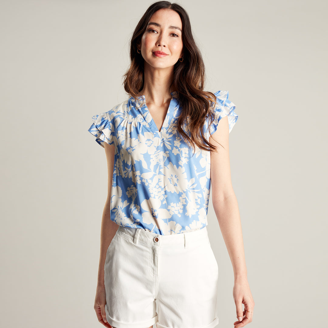 The Joules Ladies Maxie Frill Blouse in Blue Print#Blue Print