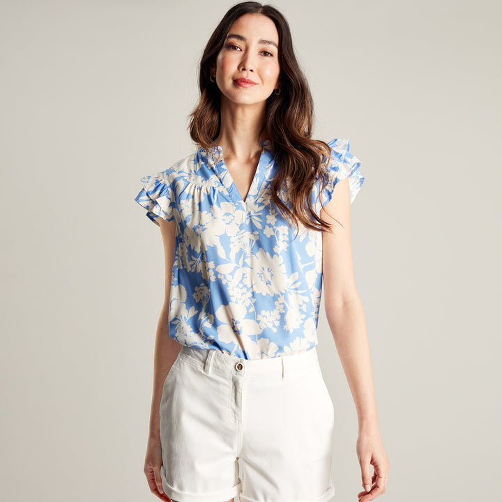 The Joules Ladies Maxie Frill Blouse in Blue Print#Blue Print