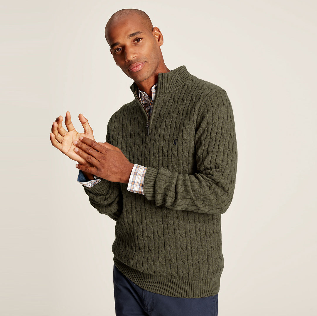 The Joules Mens Cable 1/4 Zip Neck Jumper in Green#Green
