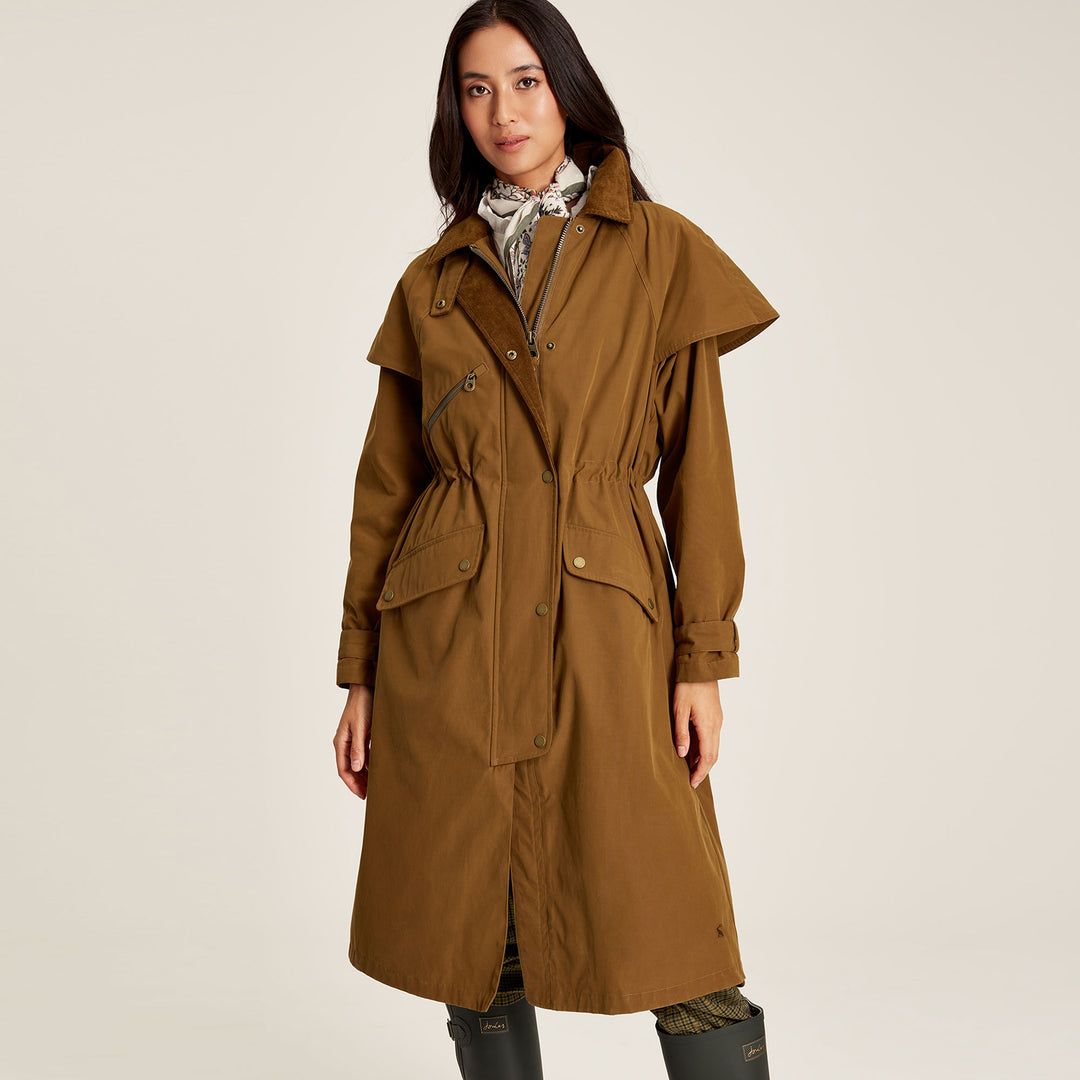 The Joules Ladies Canter Longline Wax Jacket in Brown#Brown