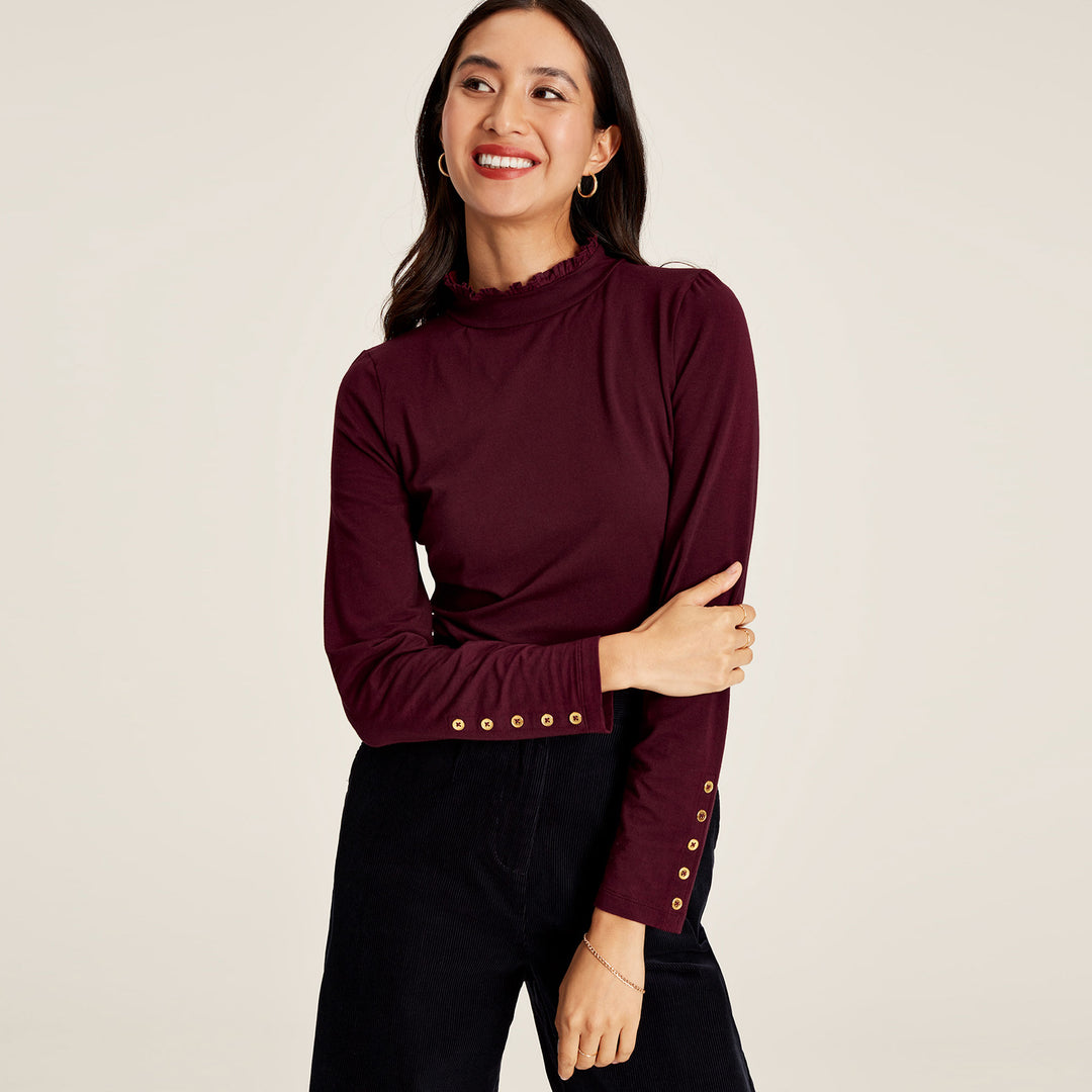 The Joules Ladies Amy Roll Neck Jersey Top in Burgundy#Burgundy