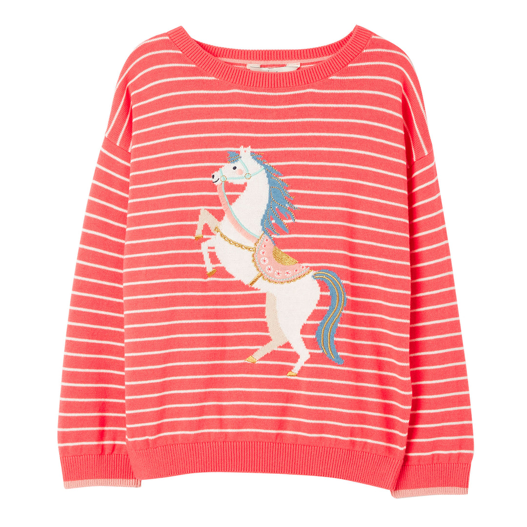 The Joules Girls Miranda Intarsia Character Jumper in Pink Stripe#Pink Stripe