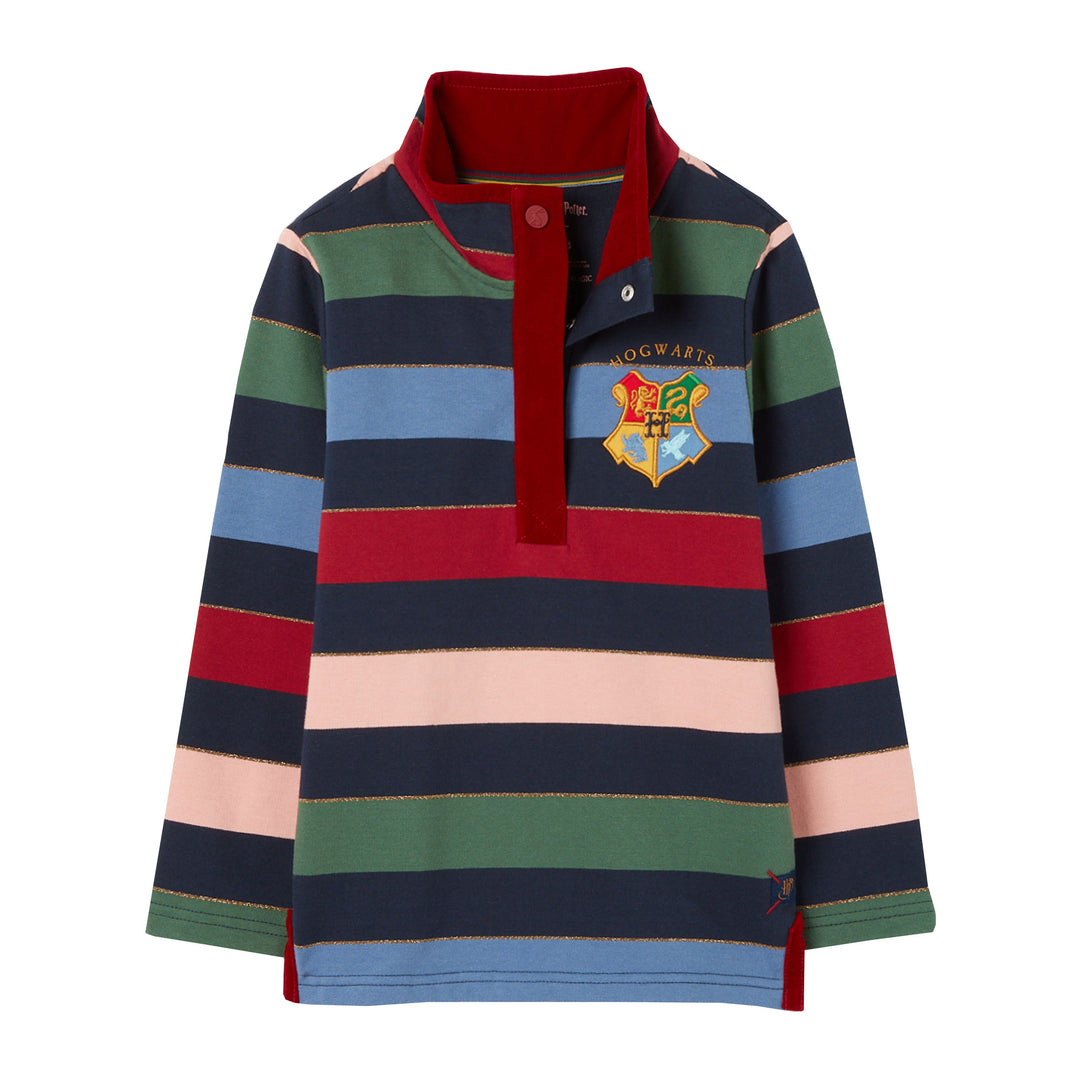 The Joules Girls Harry Potter Hermione Striped 1/4 Zip Sweatshirt in Multi-Print#Navy Stripe