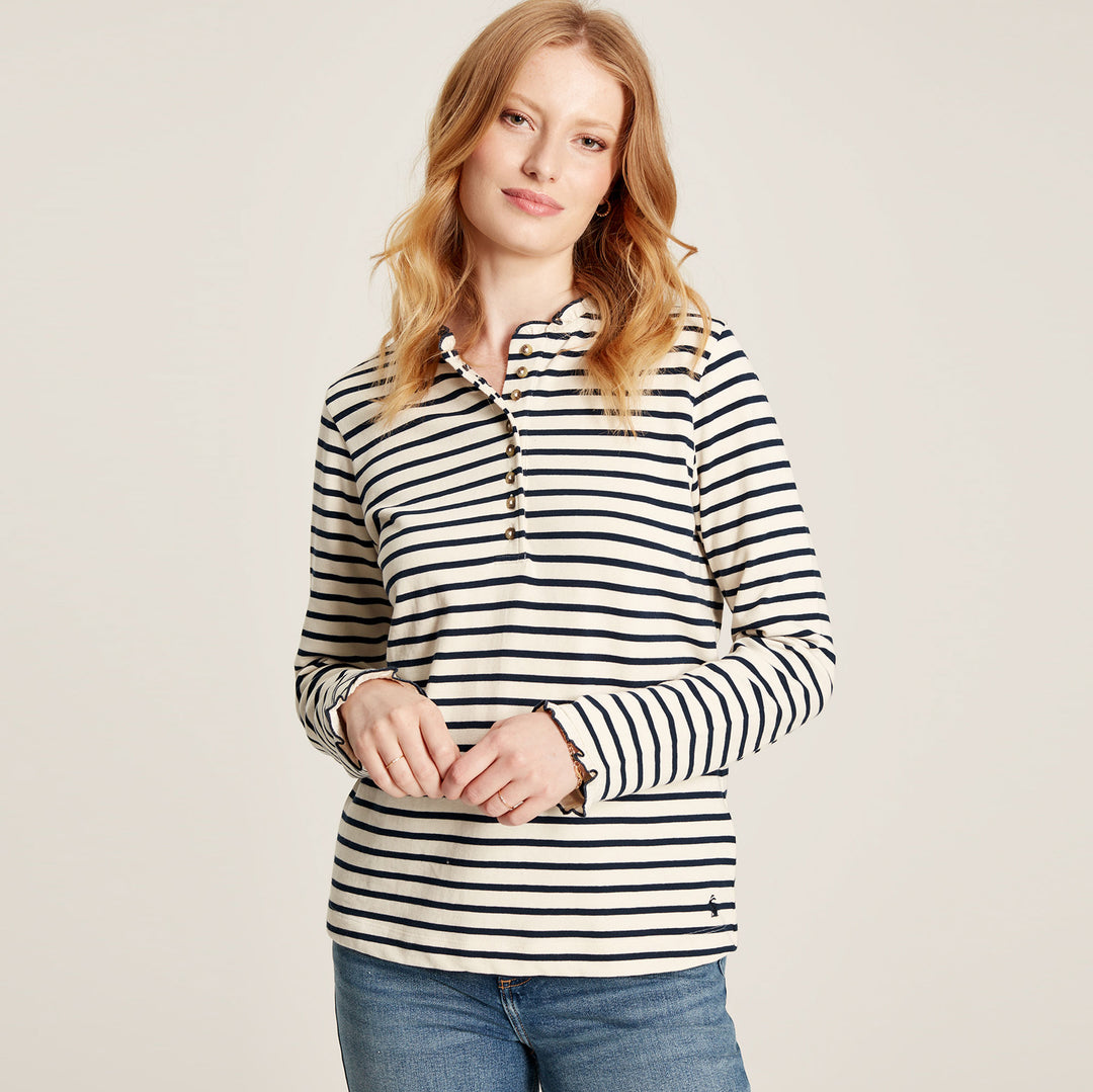 The Joules Ladies Maeve Long Sleeve Buttoned Top in Navy Stripe#Navy Stripe