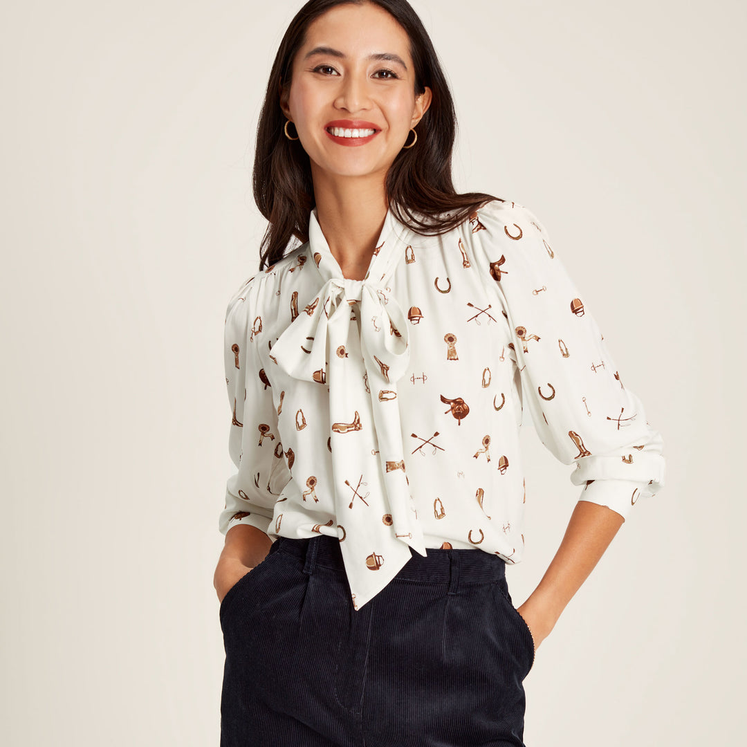 The Joules Ladies Everly Heritage Equestrian Tie Neck Blouse in Cream Print#Cream Print