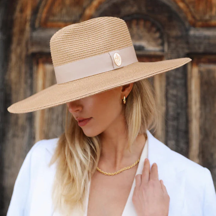 Hicks & Brown Pebmarsh Extra Wide Brim Fedora Champagne Ribbon