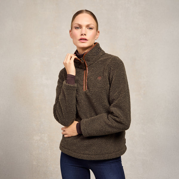 Holland Cooper Ladies Country Borg Fleece Quarter Zip - Khaki Borg