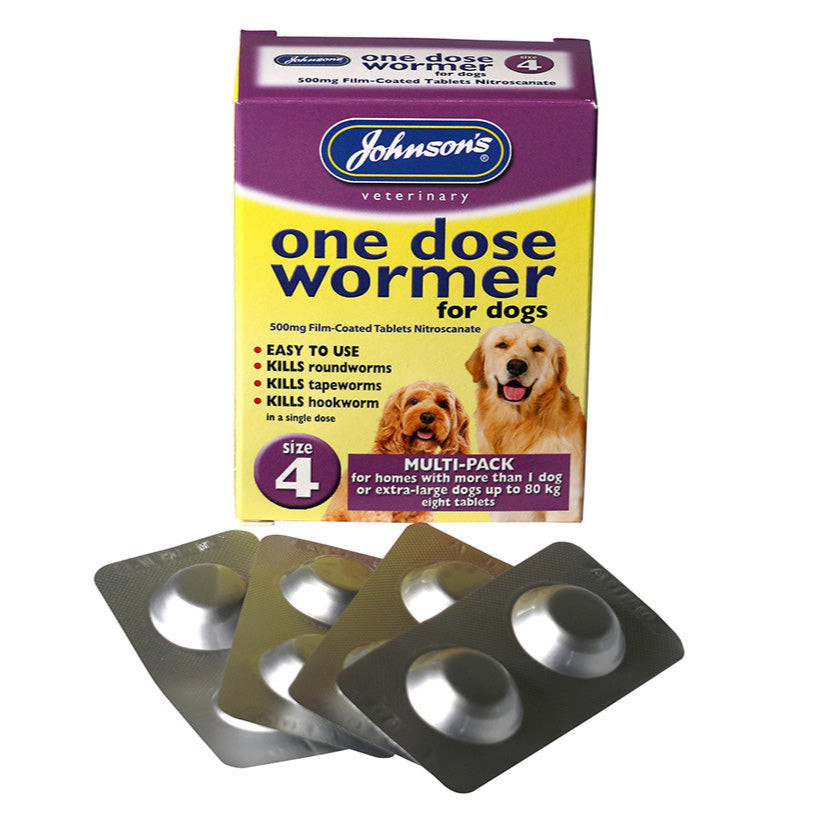 Johnson's Veterinary one dose wormer for dogs packaging with tablets on a white background