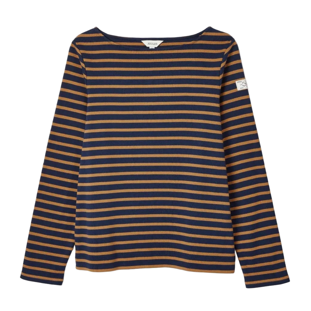 Striped long-sleeve shirt with blue and brown stripes on a white background
