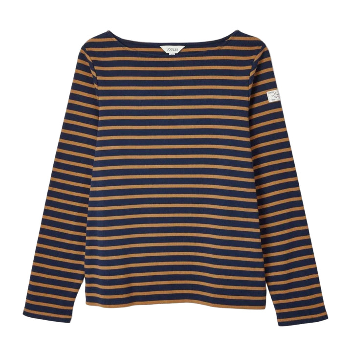 Striped long-sleeve shirt with blue and brown stripes on a white background