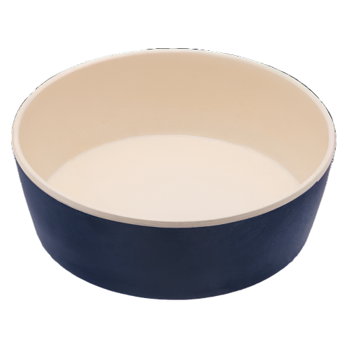 Bowl with blue exterior and beige interior on a white background