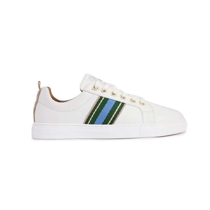 Fairfax & Favor Ladies Boston Trainer - White Leather with Clover Green/Sky Blue