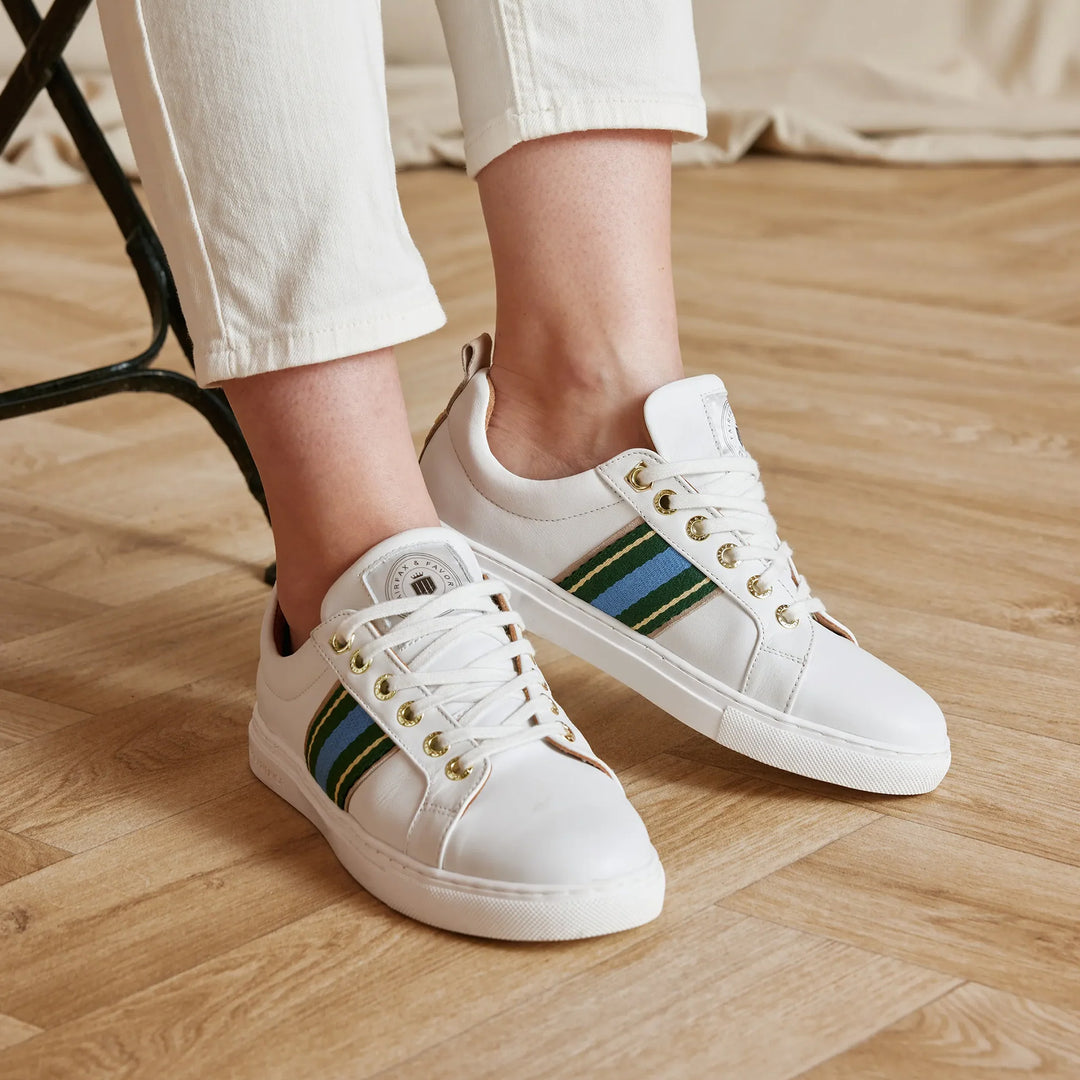 Fairfax & Favor Ladies Boston Trainer - White Leather with Clover Green/Sky Blue