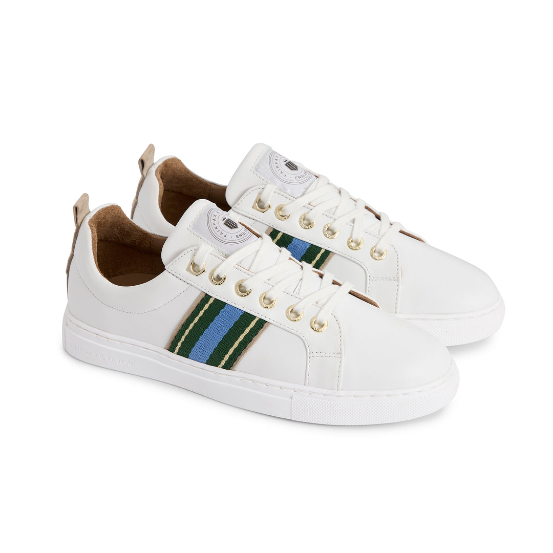 Fairfax & Favor Ladies Boston Trainer - White Leather with Clover Green/Sky Blue