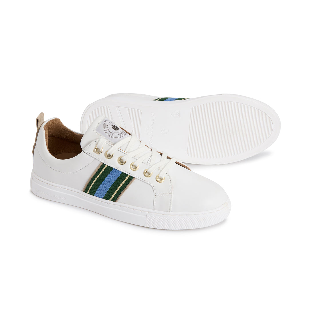 Fairfax & Favor Ladies Boston Trainer - White Leather with Clover Green/Sky Blue