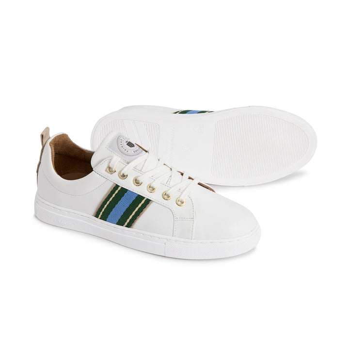 Fairfax & Favor Ladies Boston Trainer - White Leather with Clover Green/Sky Blue